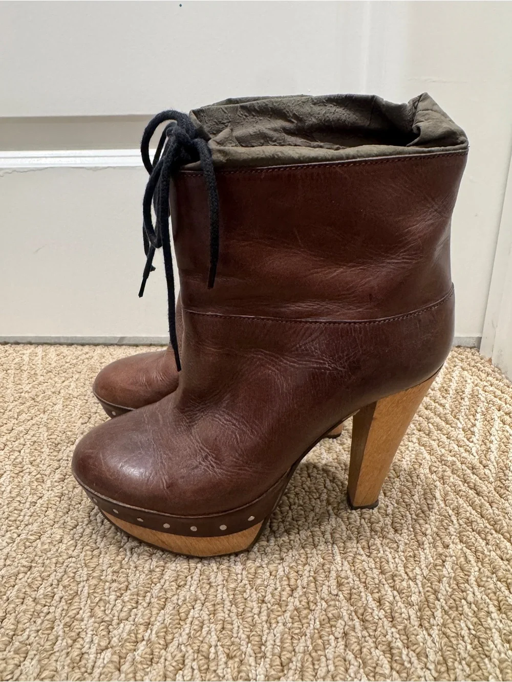 Vintage Marni « Tronchetto » Brown Leather and Wood Platform Ankle Boots Size 37